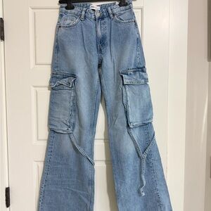 Zara Light Blue Wide Leg Cargo Jeans